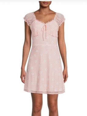 •Pink Gingham Mesh Casual Dress